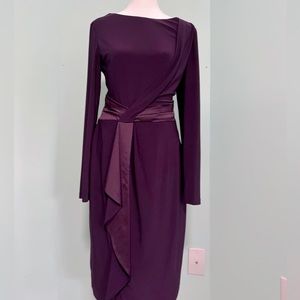 Size 8 Ralph Lauren faux wrap ladies dress with satin waist detail in eggplant.
